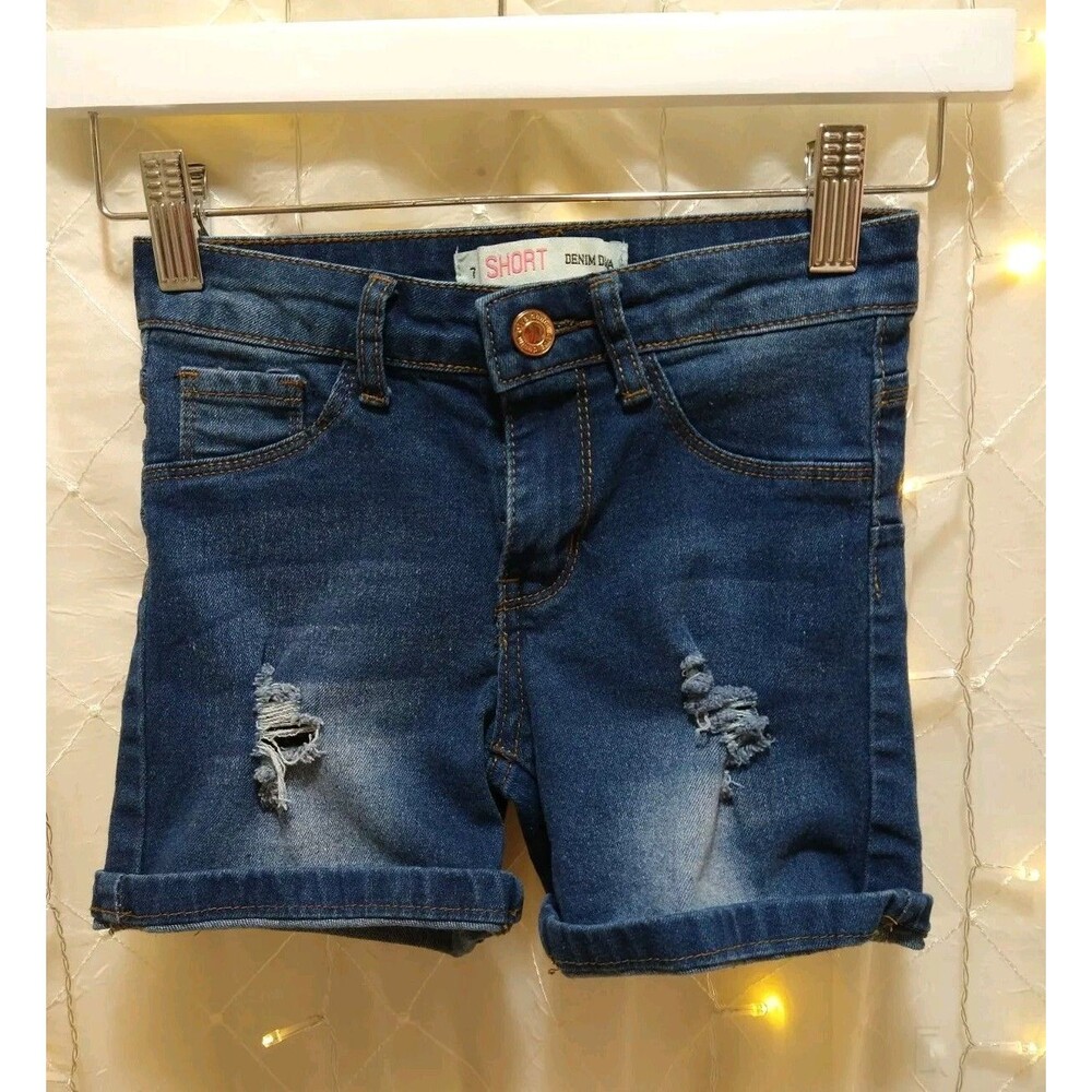 DENIM DIVA GIRLS SIZE 7 DARK WASH BLUE DISTRESSED RUGGED DESTROYED SUMMER SHORTS